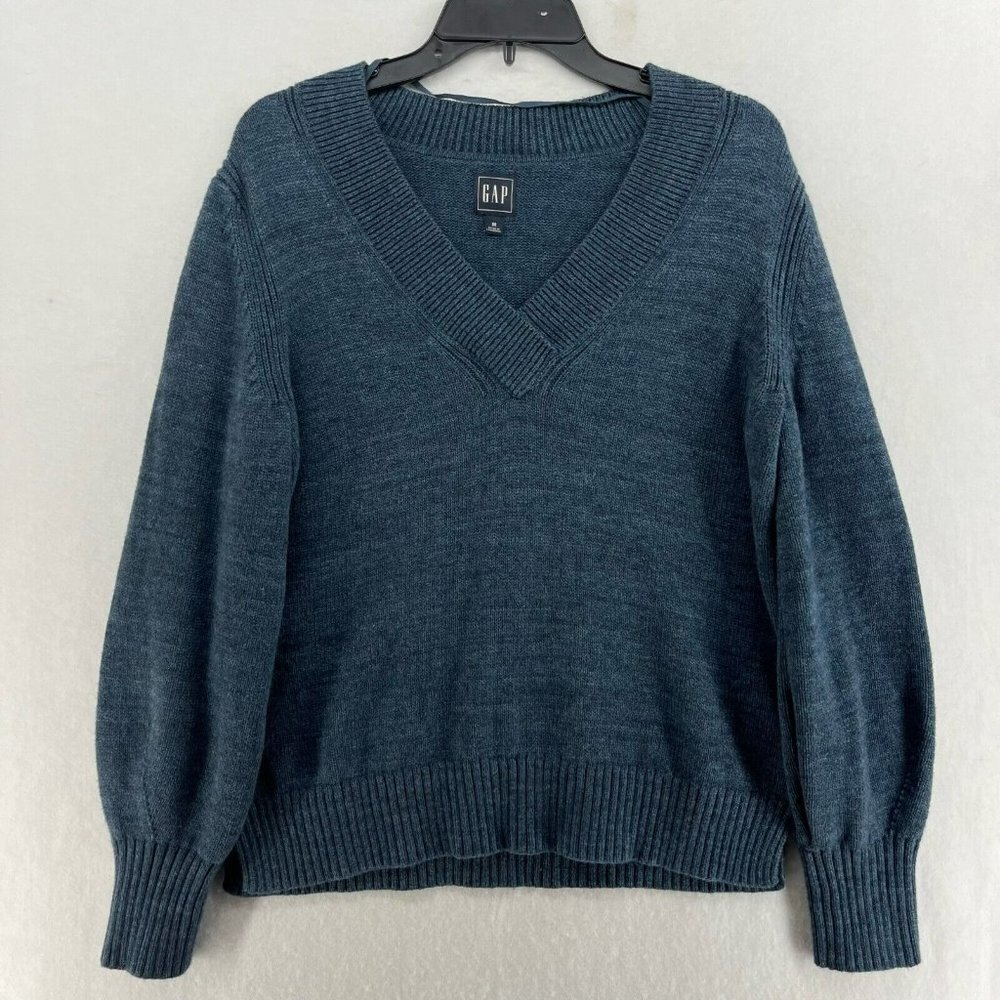 Gap Sweater Women's Sz M Blue Knitted V-Neck Balloon Sleeve Ribbed Trim Pullover